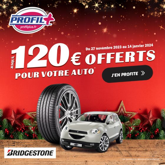 Jusqu’à 120€ offerts sur vos pneus BRIDGESTONE, pour l’achat de 4 pneus !