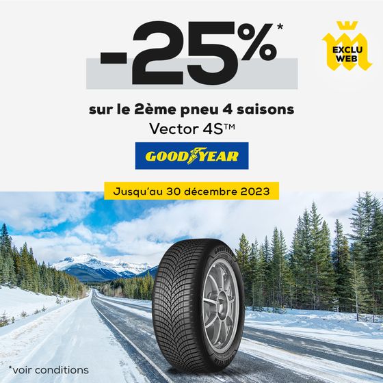 Et ça tombe bien, chez Midas, le 2e pneu GOODYEAR Vector 4STM est à -25% en exclusivité web jusqu’au 30 décembre 2023 !