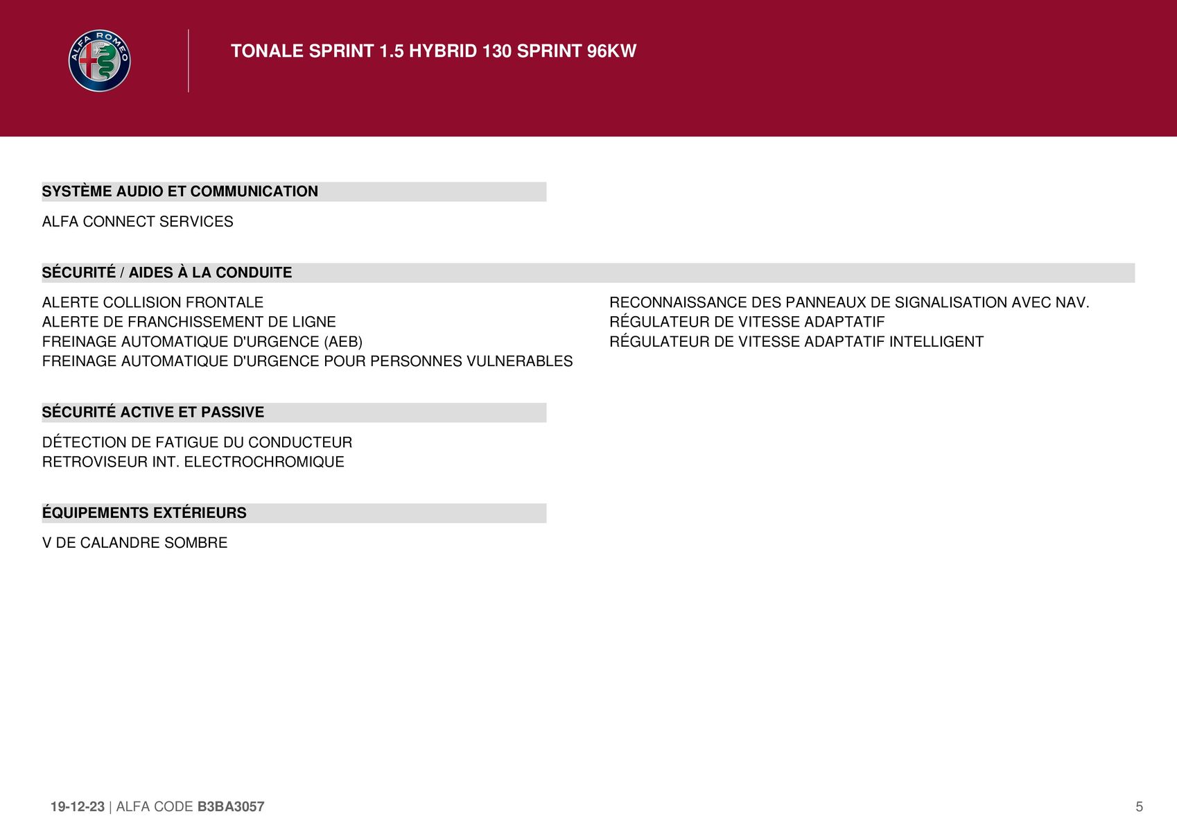 Catalogue TONALE SPRINT 1.5 HYBRID 130 SPRINT 96KW, page 00005