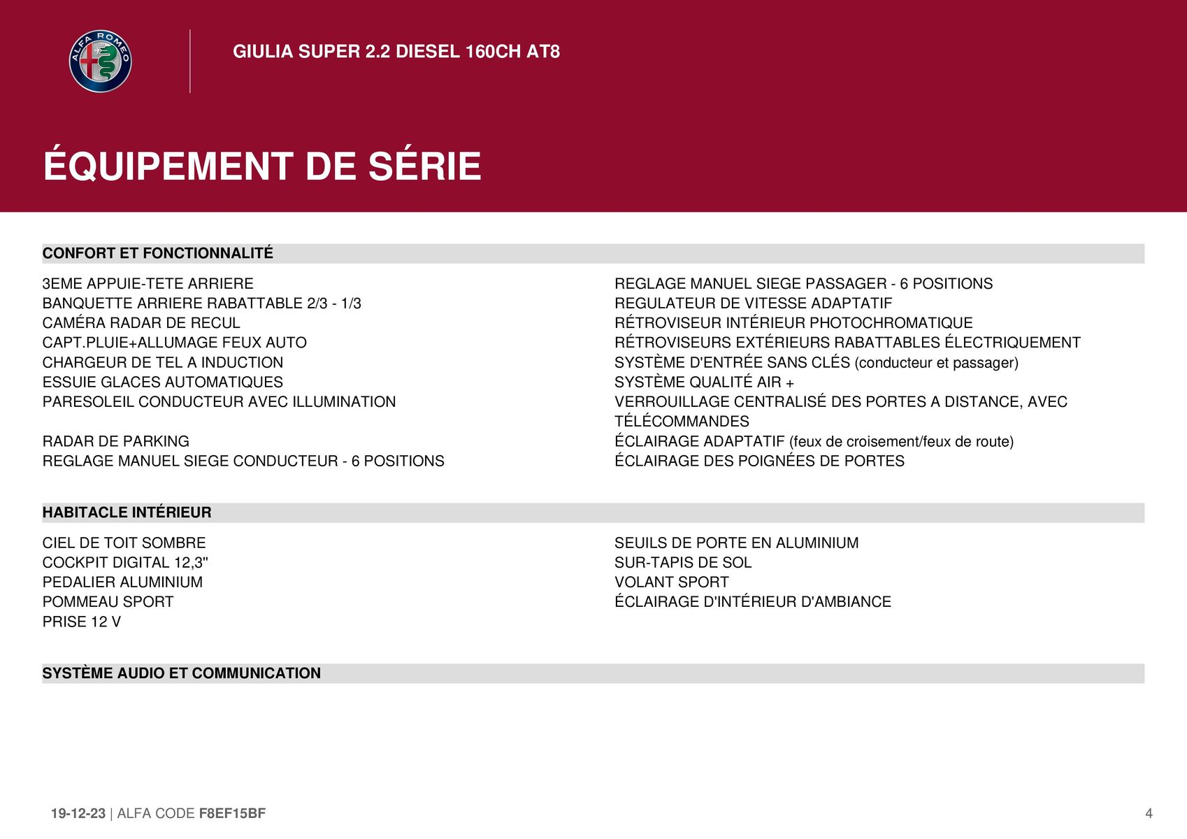 Catalogue GIULIA SUPER 2.2 DIESEL 160CH AT8 GIULIA SUPER 2.2 DIESEL 160CH AT8, page 00004