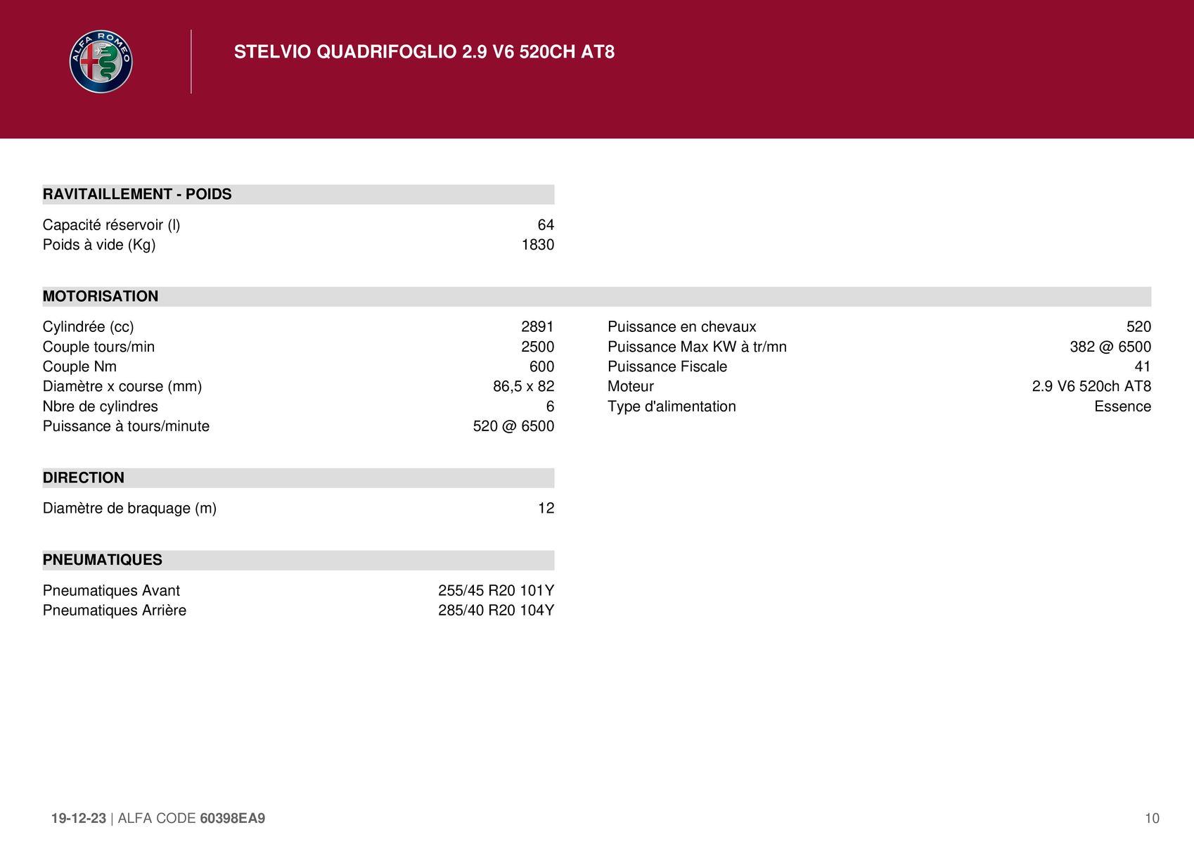 Catalogue STELVIO QUADRIFOGLIO 2.9 V6 520CH AT8, page 00010