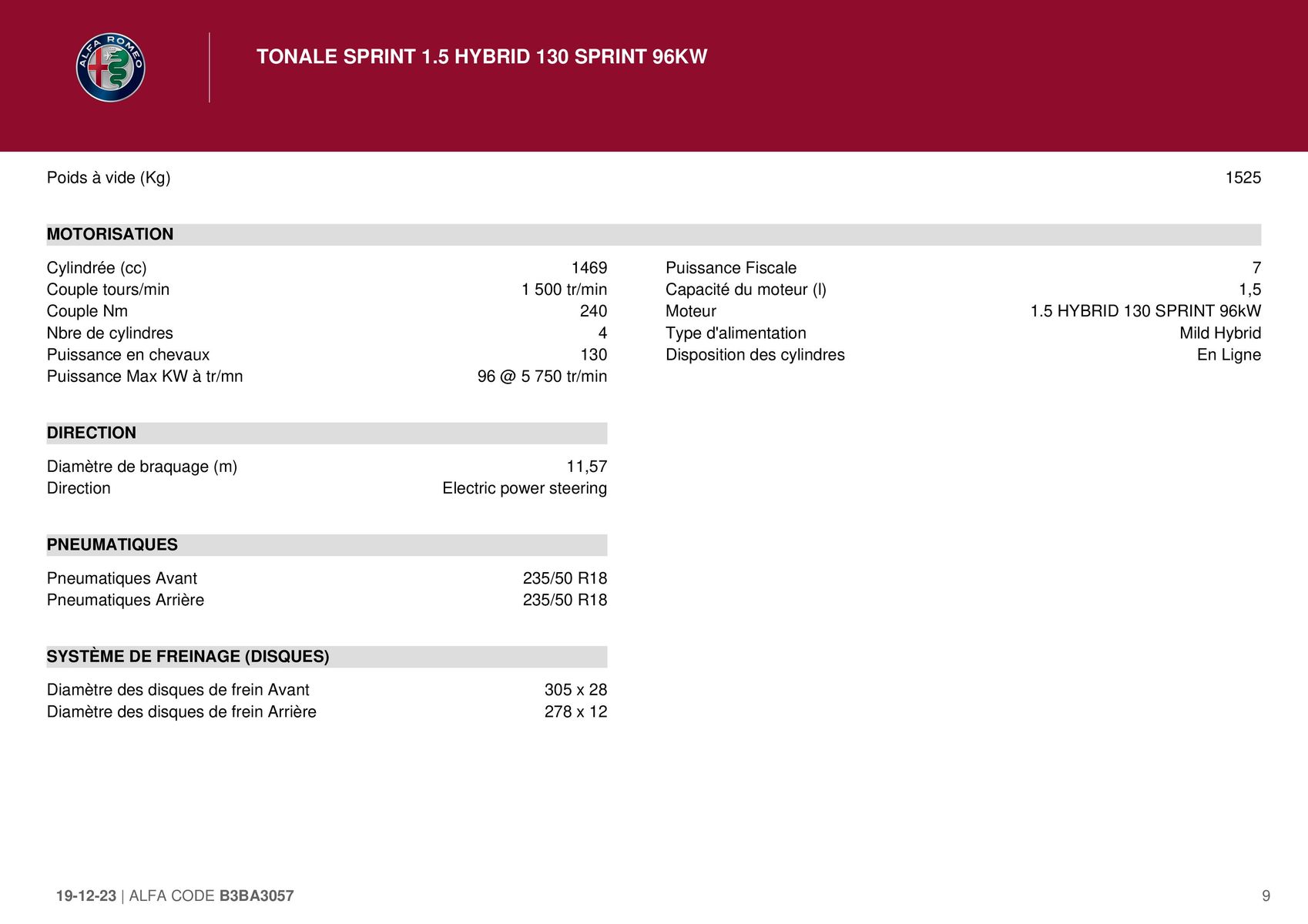 Catalogue TONALE SPRINT 1.5 HYBRID 130 SPRINT 96KW TONALE SPRINT 1.5 HYBRID 130 SPRINT 96KW, page 00009