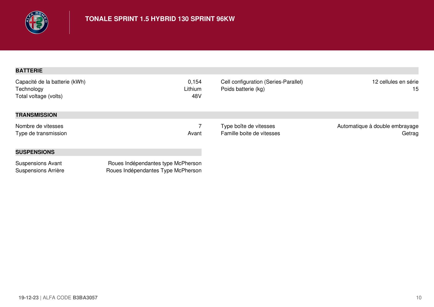 Catalogue TONALE SPRINT 1.5 HYBRID 130 SPRINT 96KW , page 00010