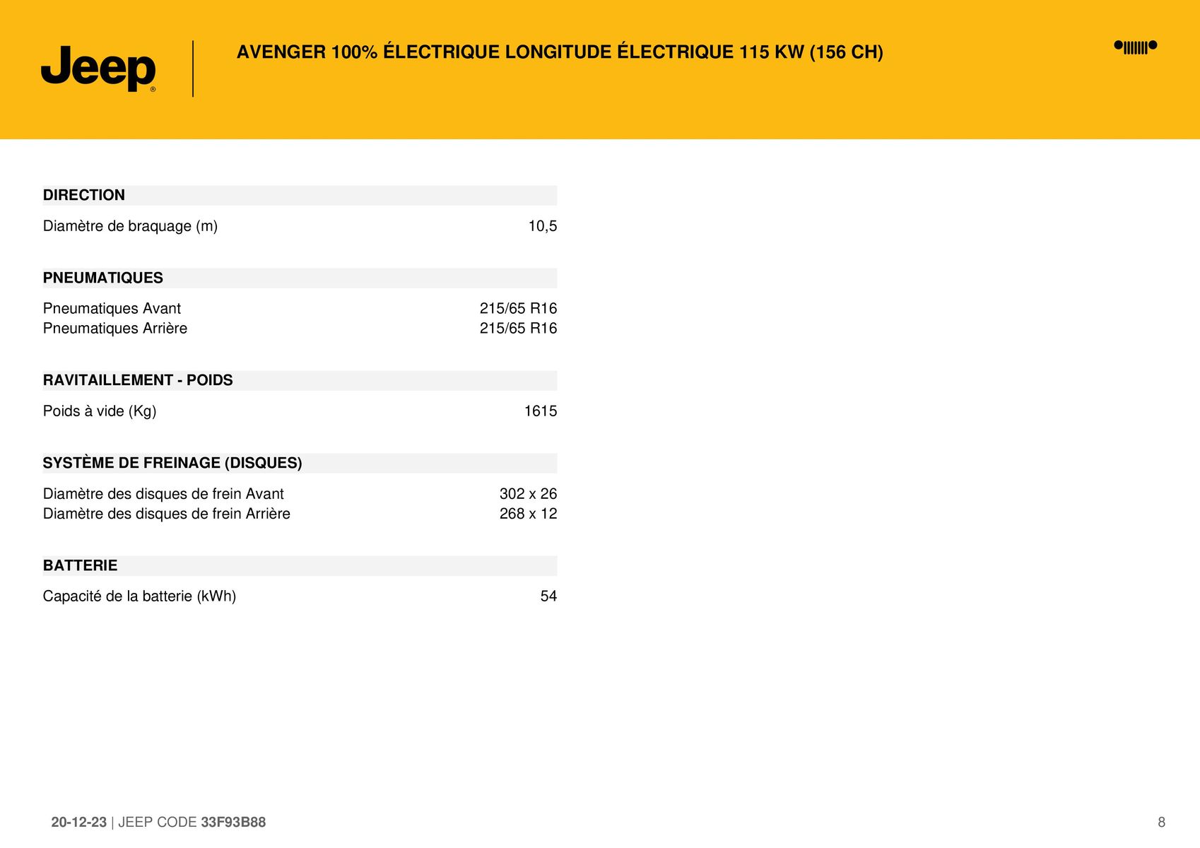 Catalogue AVENGER 100% ÉLECTRIQUE LONGITUDE ÉLECTRIQUE 115 KW (156 CH), page 00008