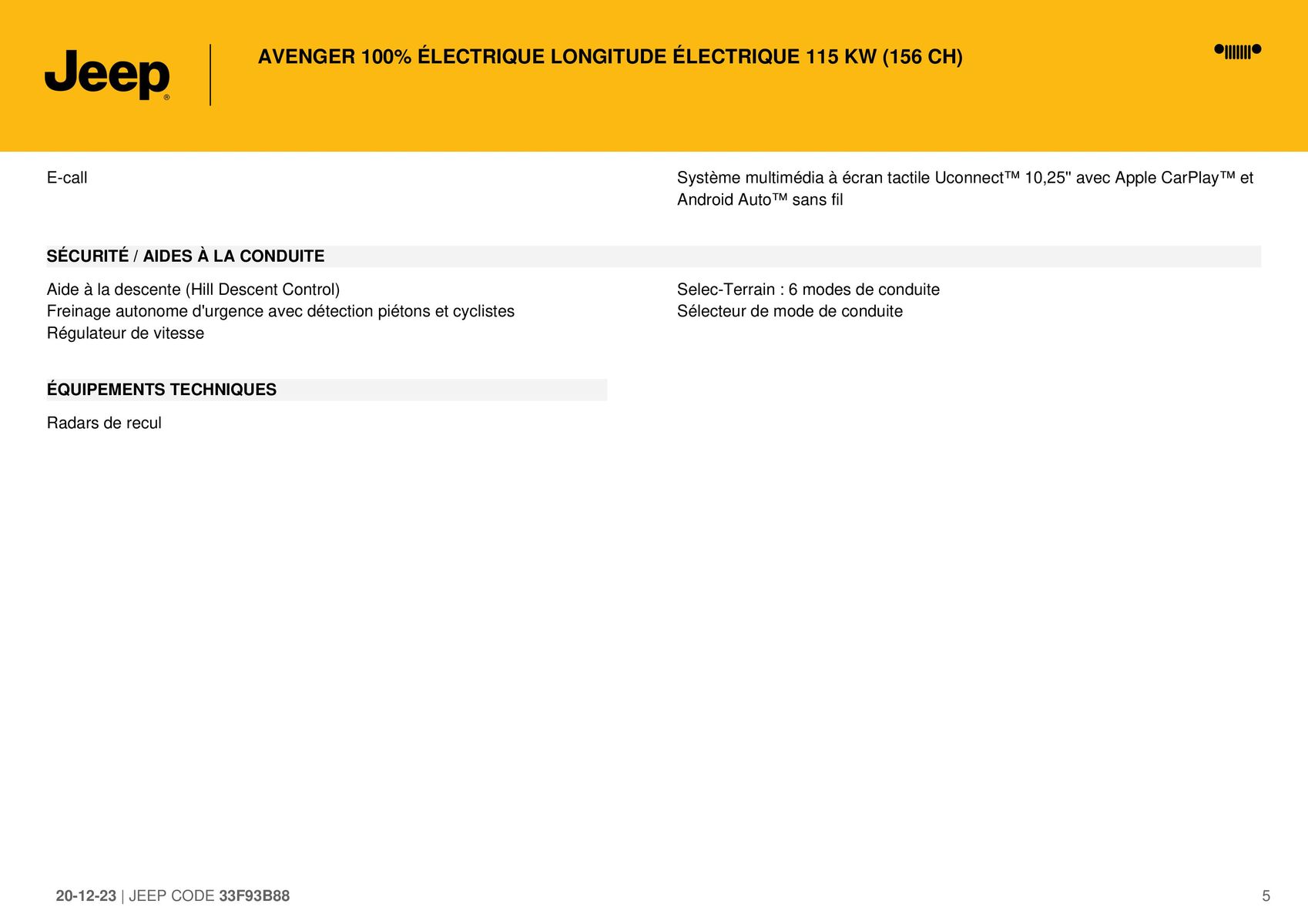 Catalogue AVENGER 100% ÉLECTRIQUE LONGITUDE ÉLECTRIQUE 115 KW (156 CH) |, page 00005