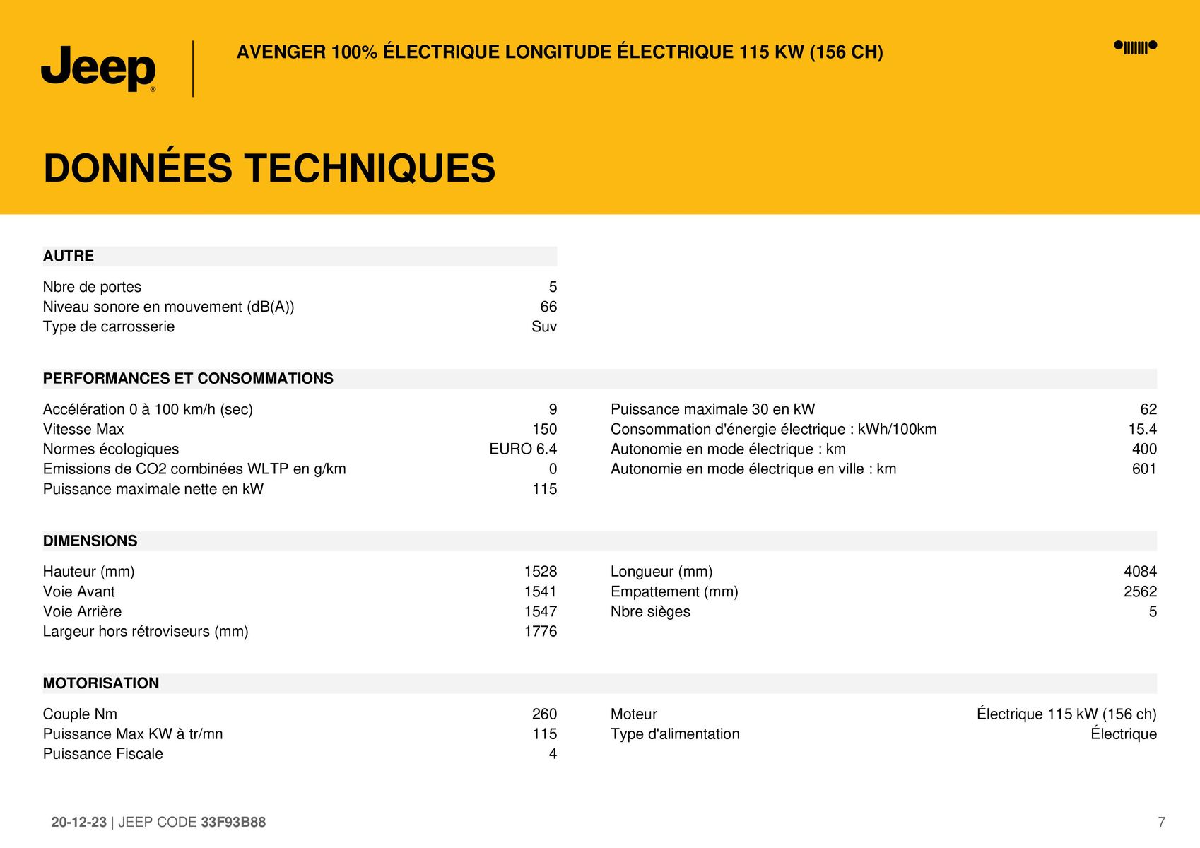 Catalogue AVENGER 100% ÉLECTRIQUE LONGITUDE ÉLECTRIQUE 115 KW (156 CH) ,, page 00007