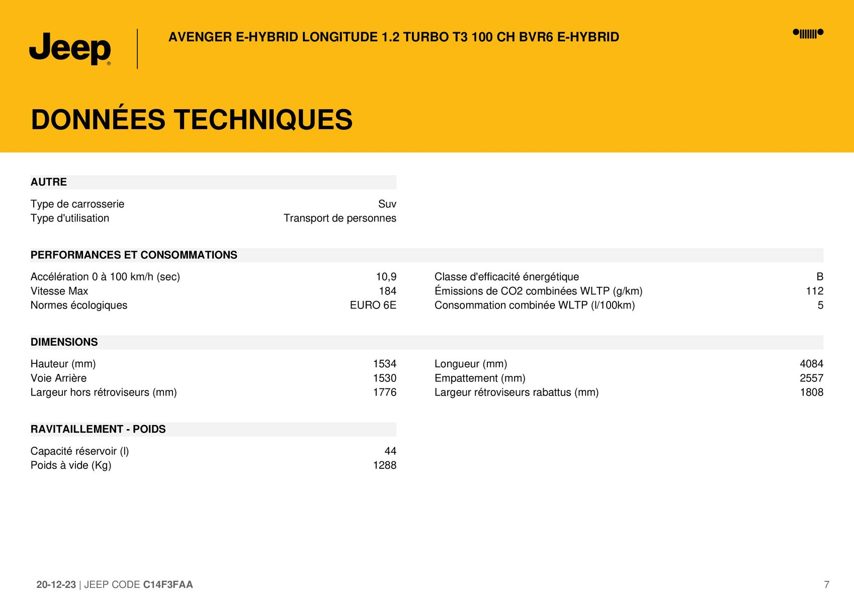 Catalogue AVENGER E-HYBRID LONGITUDE 1.2 TURBO T3 100 CH BVR6 E-HYBRID\, page 00007