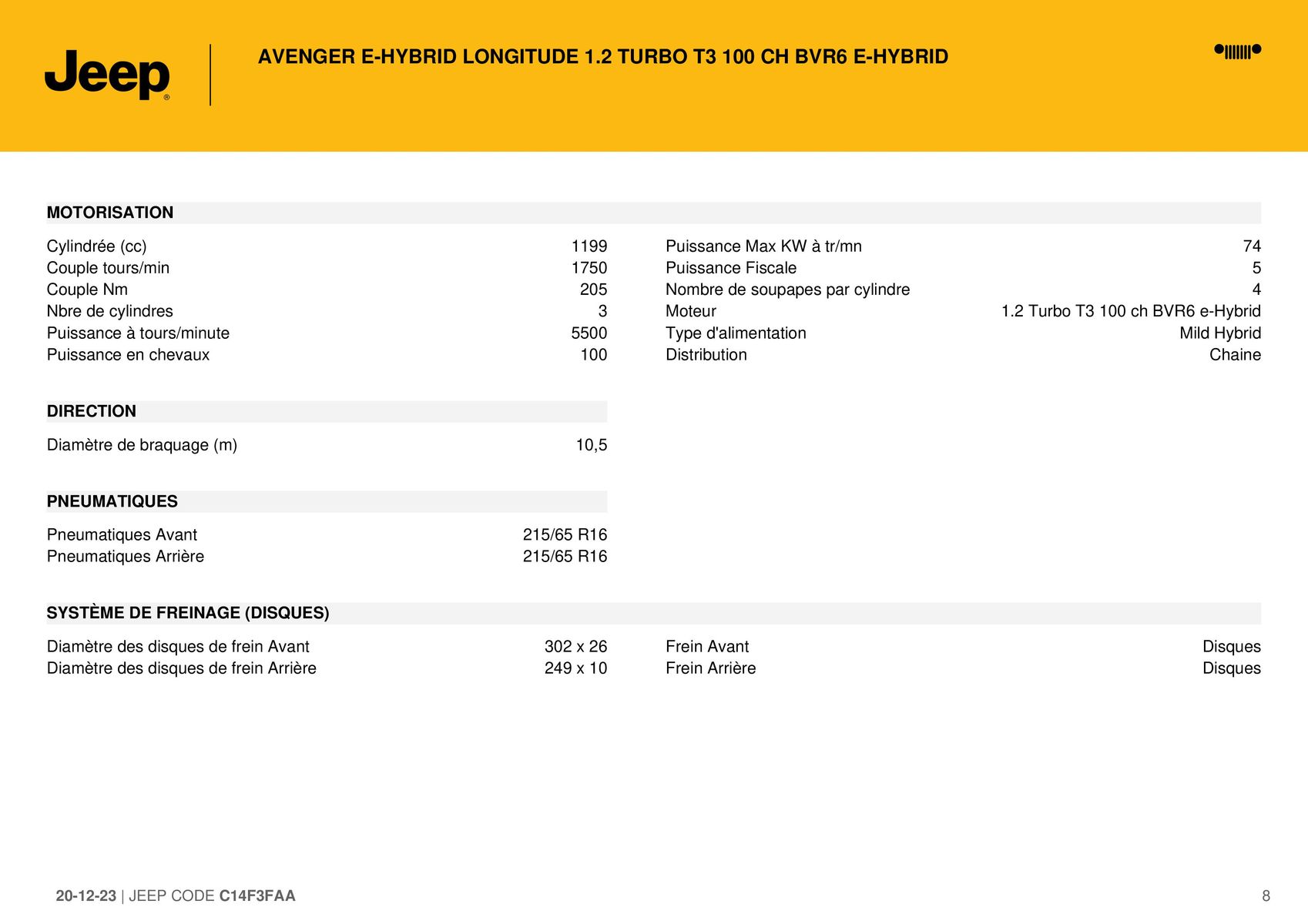 Catalogue AVENGER E-HYBRID LONGITUDE 1.2 TURBO T3 100 CH BVR6 E-HYBRID_, page 00008