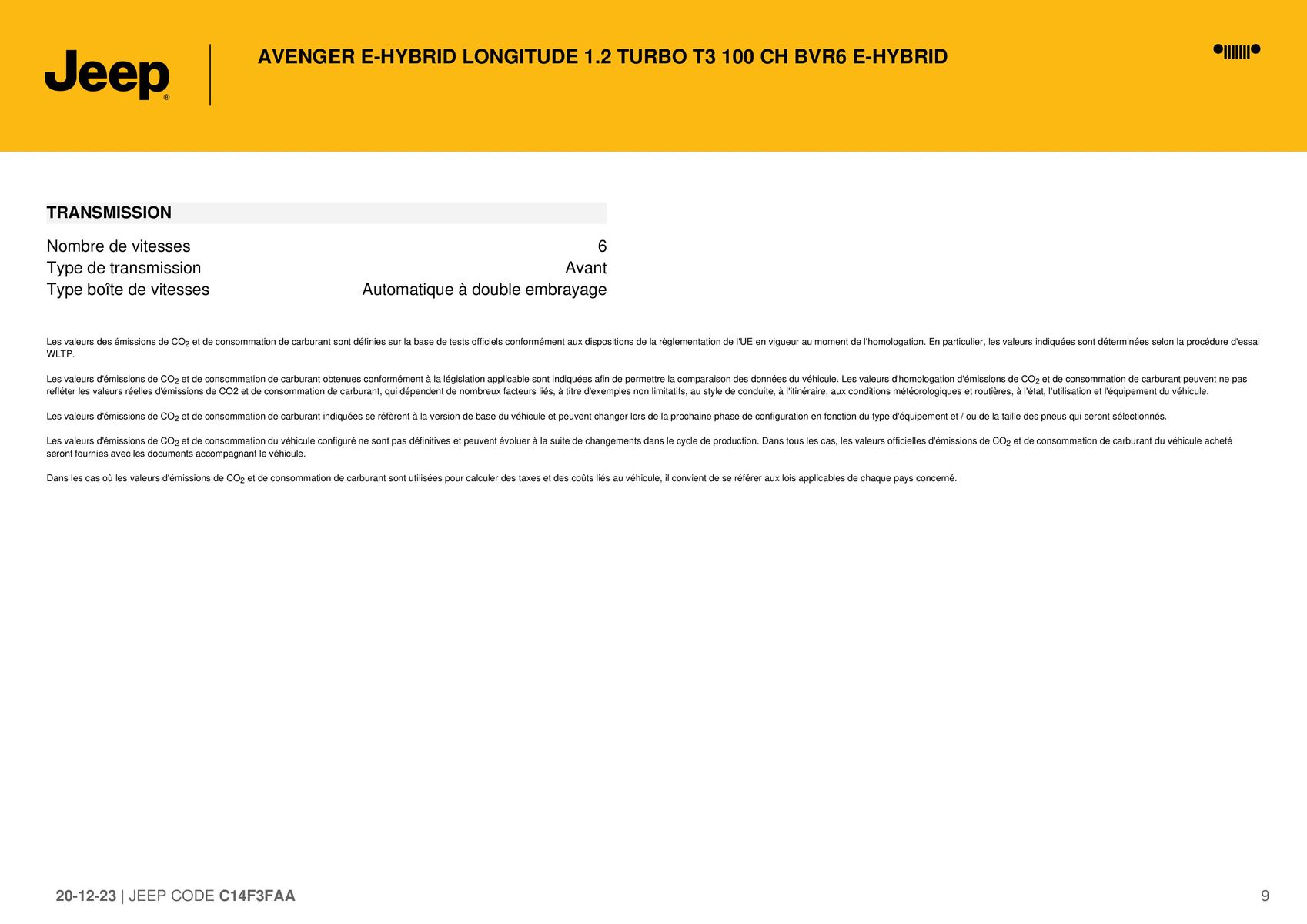 Catalogue AVENGER E-HYBRID LONGITUDE 1.2 TURBO T3 100 CH BVR6 E-HYBRID_, page 00009