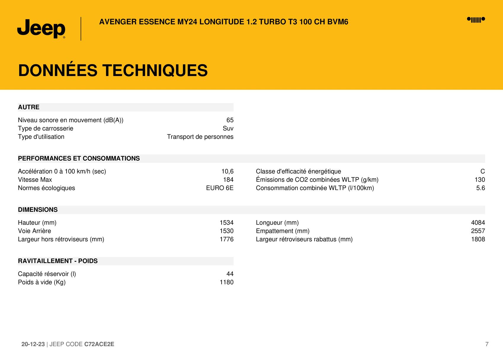 Catalogue AVENGER ESSENCE MY24 LONGITUDE 1.2 TURBO T3 100 CH BVM6", page 00007