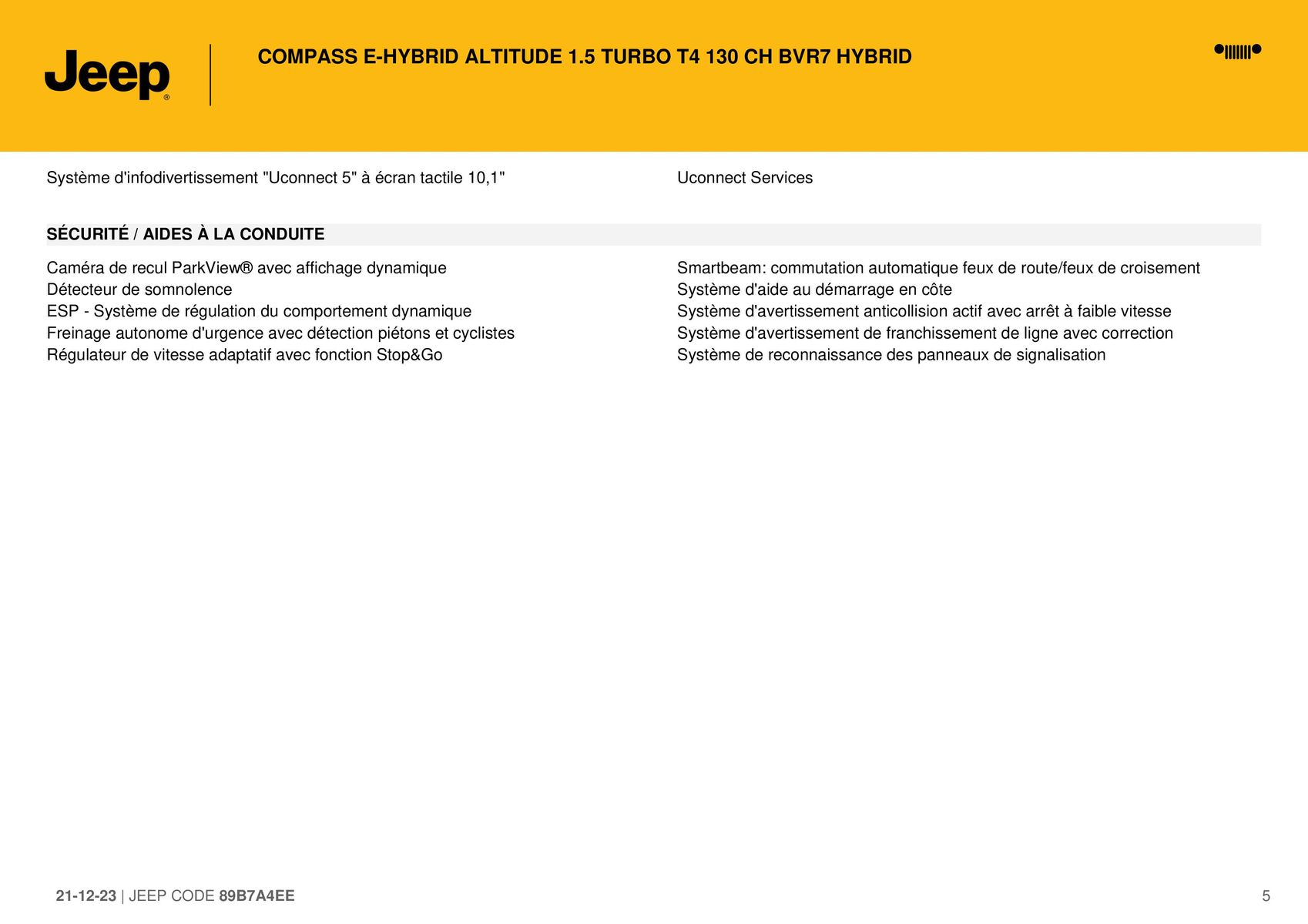 Catalogue COMPASS E-HYBRID ALTITUDE 1.5 TURBO T4 130 CH BVR7 HYBRID, page 00005