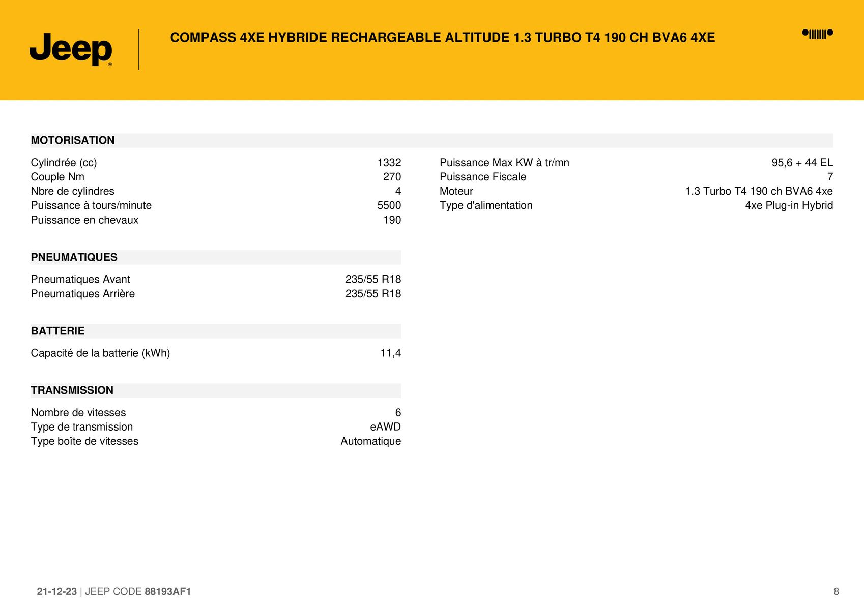 Catalogue COMPASS 4XE HYBRIDE RECHARGEABLE ALTITUDE 1.3 TURBO T4 190 CH BVA6 4XE_, page 00008