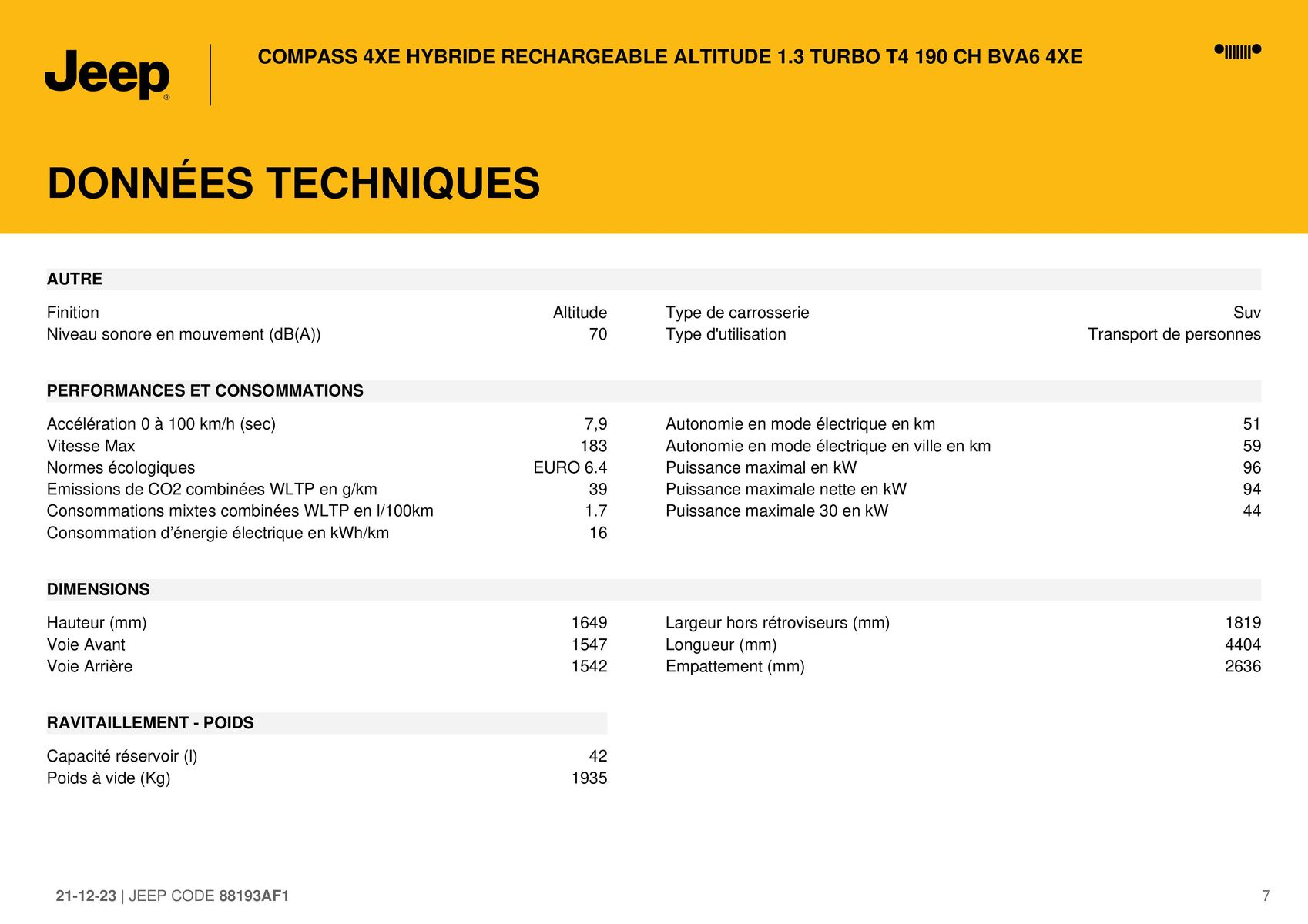 Catalogue COMPASS 4XE HYBRIDE RECHARGEABLE ALTITUDE 1.3 TURBO T4 190 CH BVA6 4XE, page 00007