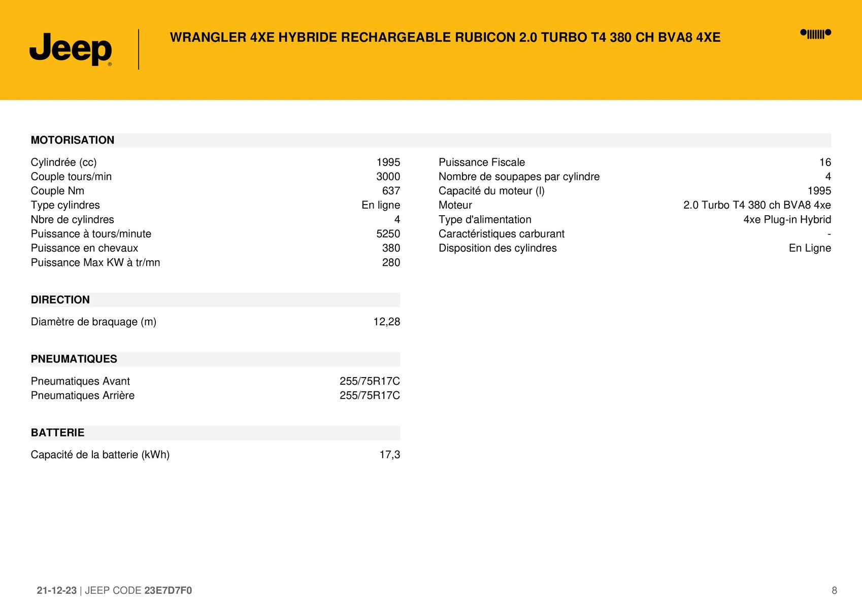 Catalogue WRANGLER 4XE HYBRIDE RECHARGEABLE RUBICON 2.0 TURBO T4 380 CH BVA8 4XE., page 00008