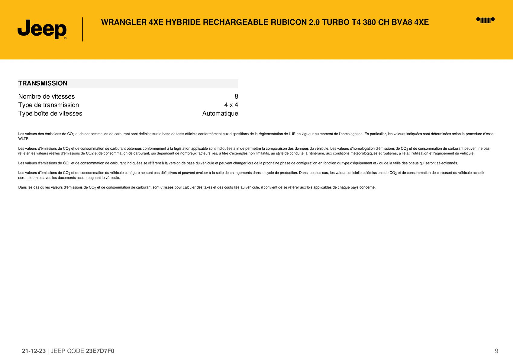 Catalogue WRANGLER 4XE HYBRIDE RECHARGEABLE RUBICON 2.0 TURBO T4 380 CH BVA8 4XE., page 00009