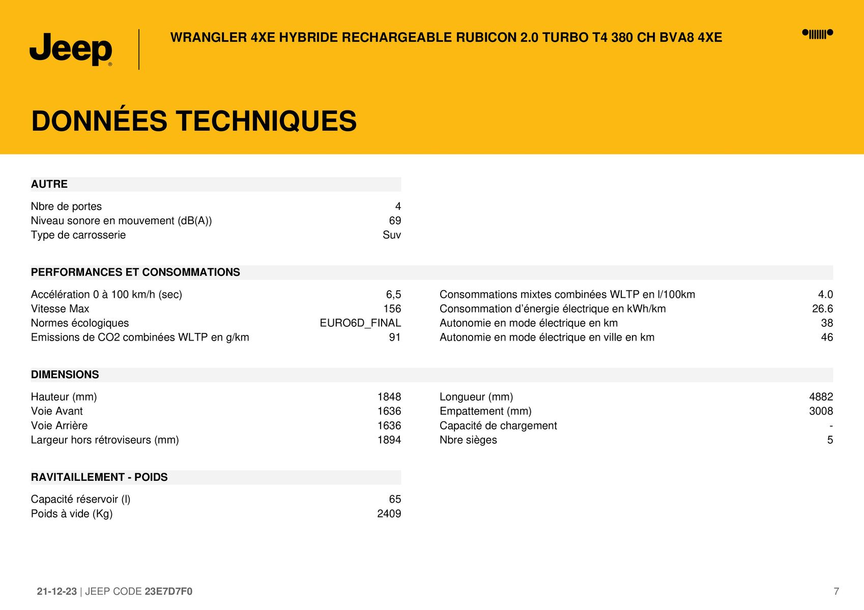 Catalogue WRANGLER 4XE HYBRIDE RECHARGEABLE RUBICON 2.0 TURBO T4 380 CH BVA8 4XE/, page 00007