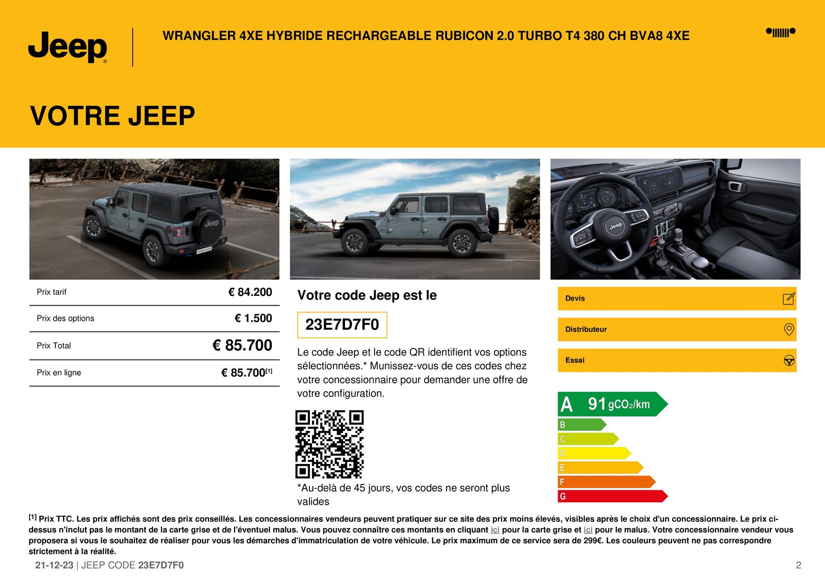 Catalogue WRANGLER 4XE HYBRIDE RECHARGEABLE RUBICON 2.0 TURBO T4 380 CH BVA8 4XE, page 00002