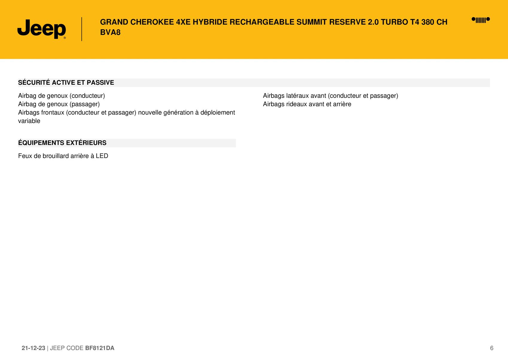 Catalogue GRAND CHEROKEE 4XE HYBRIDE RECHARGEABLE SUMMIT RESERVE 2.0 TURBO T4 380 CH BVA8,, page 00006