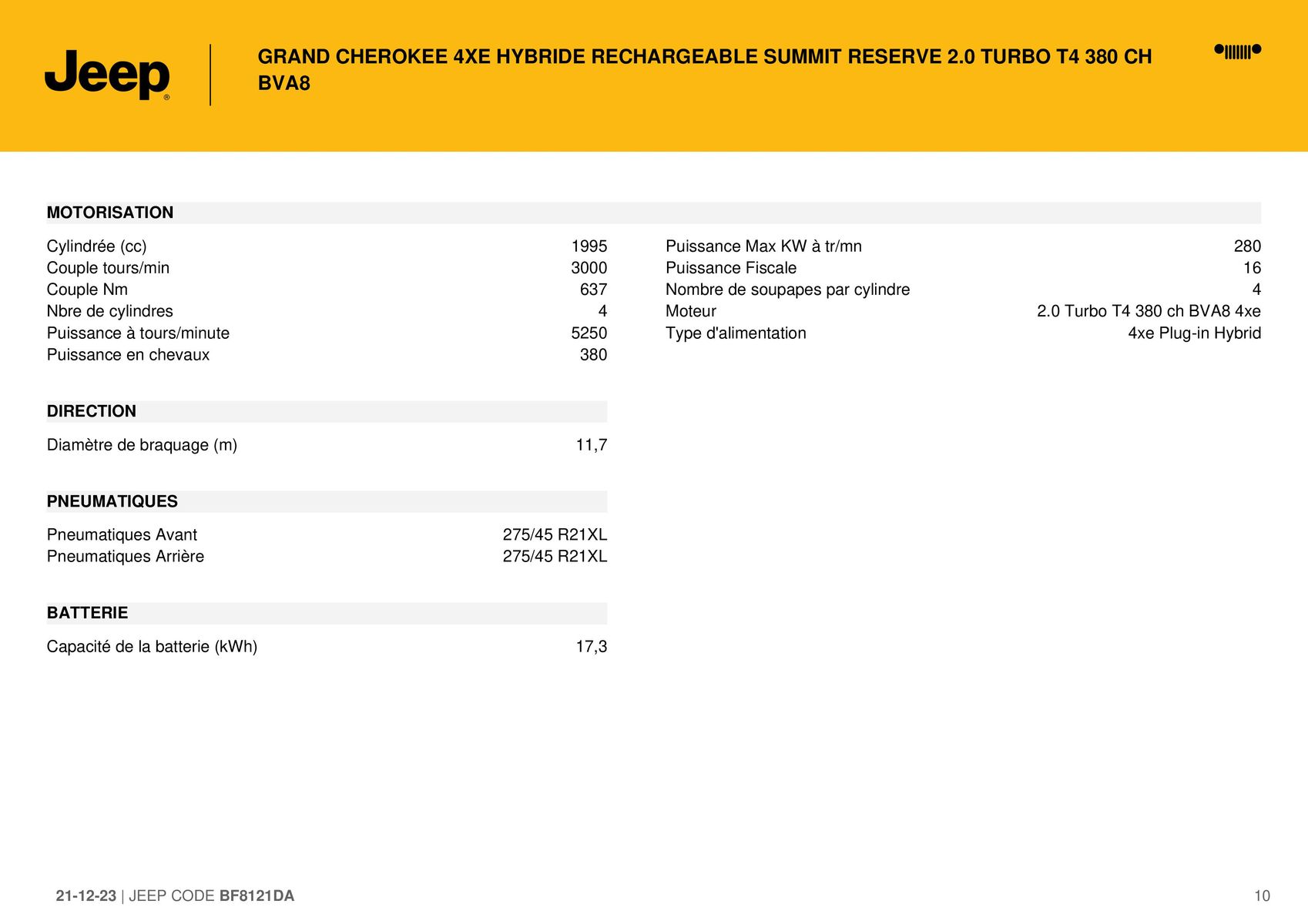 Catalogue GRAND CHEROKEE 4XE HYBRIDE RECHARGEABLE SUMMIT RESERVE 2.0 TURBO T4 380 CH BVA8,, page 00010