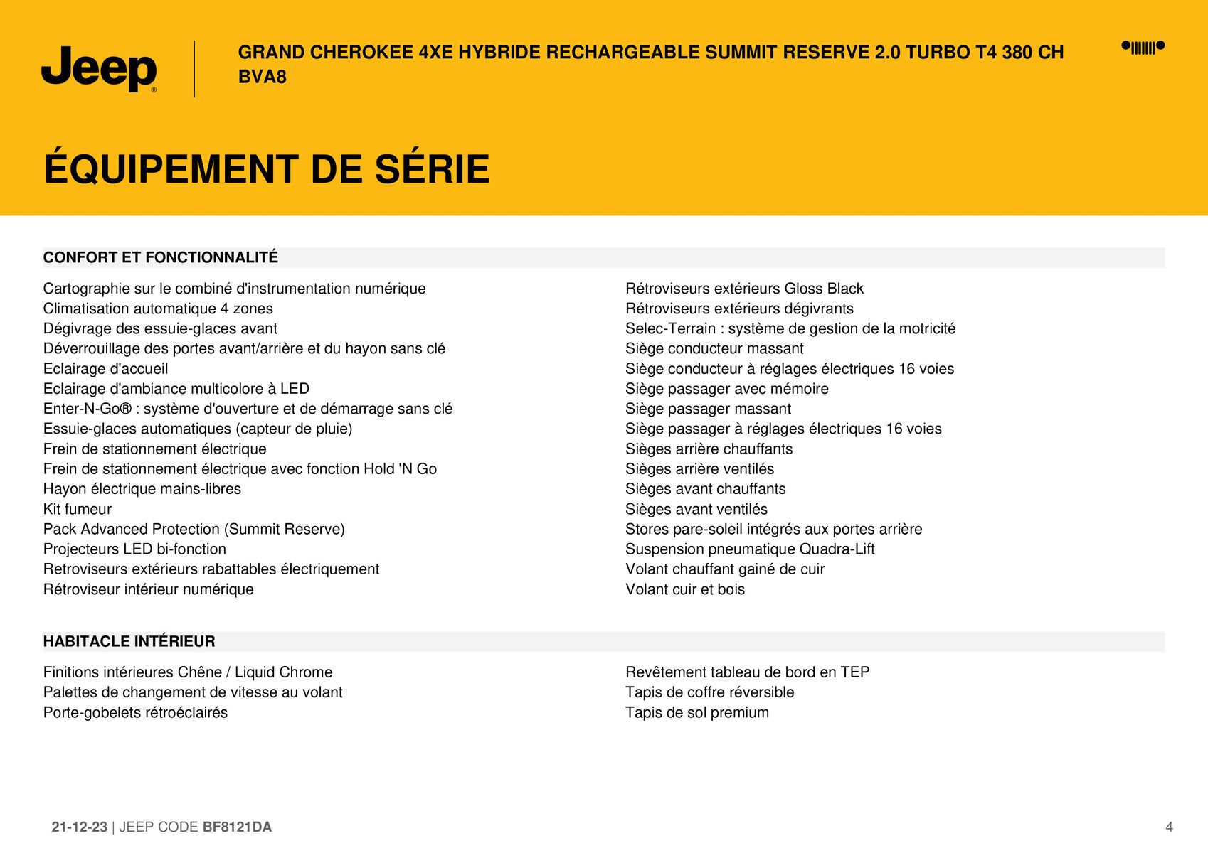 Catalogue GRAND CHEROKEE 4XE HYBRIDE RECHARGEABLE SUMMIT RESERVE 2.0 TURBO T4 380 CH BVA8:, page 00004