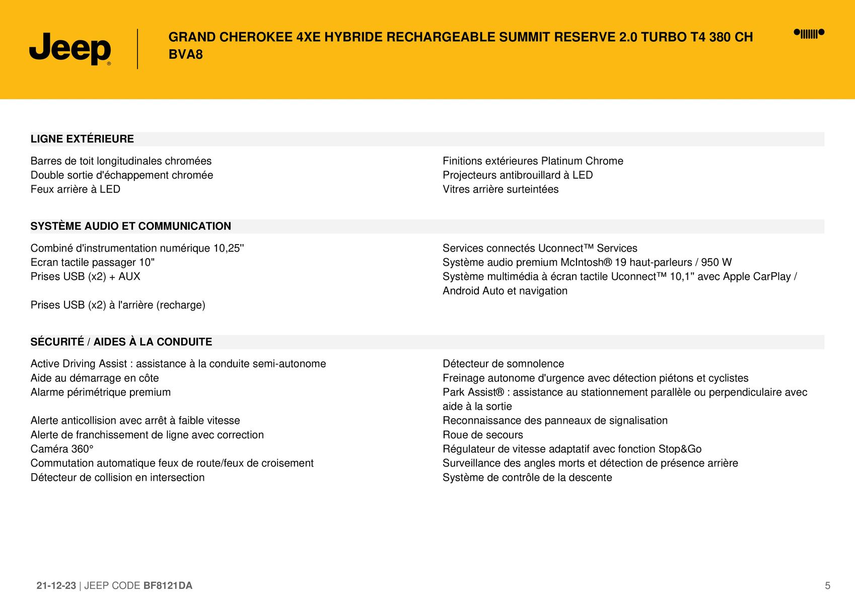 Catalogue GRAND CHEROKEE 4XE HYBRIDE RECHARGEABLE SUMMIT RESERVE 2.0 TURBO T4 380 CH BVA8:, page 00005