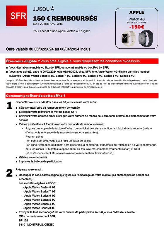 Catalogue SFR | Pour l’achat d’une Samsung Galaxy Watch BT ou 4G éligible | 06/02/2024 - 04/08/2024
