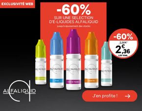 Promos de Culture et Loisirs à Douai | -60% SUR UNE SELECTION D'E-LIQUIDES ALFALIQUID sur Cigusto | 21/03/2024 - 04/04/2024