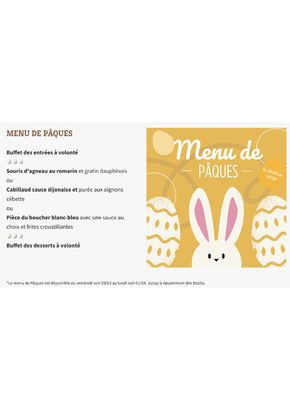 Promos de Restaurants à Seclin | MENU DE PÂQUES sur Crocodile | 29/03/2024 - 01/04/2024