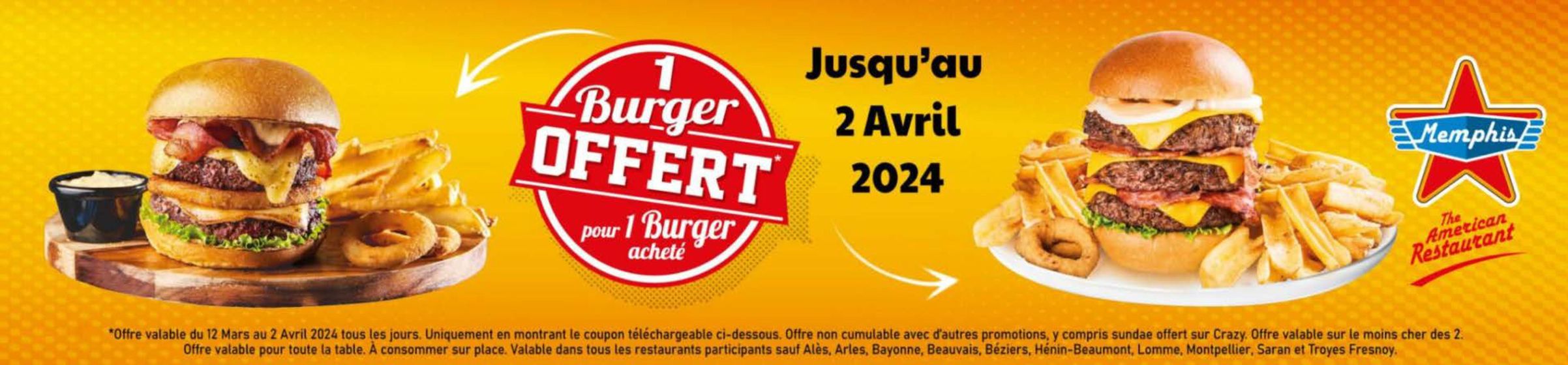 Catalogue Memphis Coffee à Paris | 1 Burger Offert Pour 1 Burger Acheté | 25/03/2024 - 02/04/2024