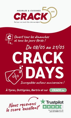 Promos de Meubles et Décoration à Dottignies | Crack DAYS sur Meubles Crack | 07/05/2024 - 21/05/2024
