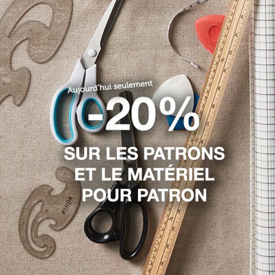 Catalogue Mondial Tissus à Metz | Profitez de -20% sur nos patrons et matériel pour patron aujourd’hui seulement sur notre e-boutique ! | 11/06/2024 - 30/06/2024