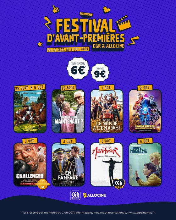 Catalogue CGR Cinémas à Levallois-Perret | Festival d'Avant-Premières CGR x Allociné | 29/09/2024 - 06/10/2024