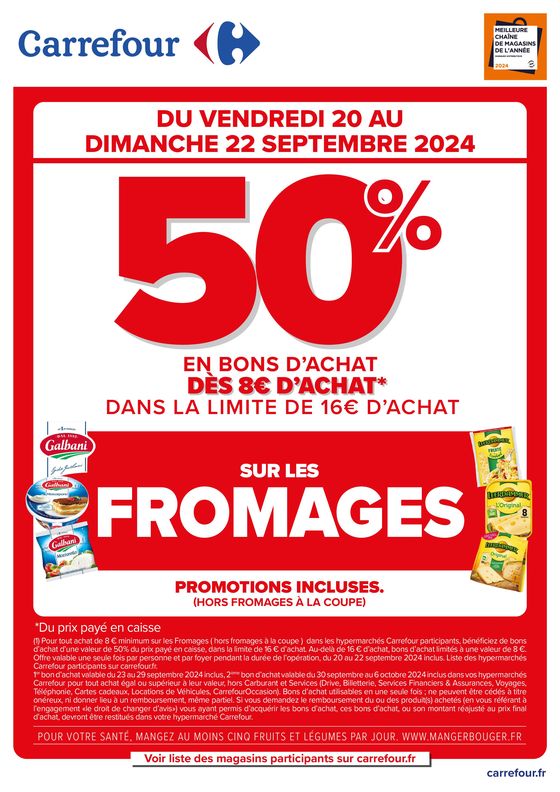 Catalogue Carrefour Market à Romilly-sur-Seine | 50% EN BON D’ACHAT SUR LES FROMAGES (HORS COUPE) | 20/09/2024 - 22/09/2024