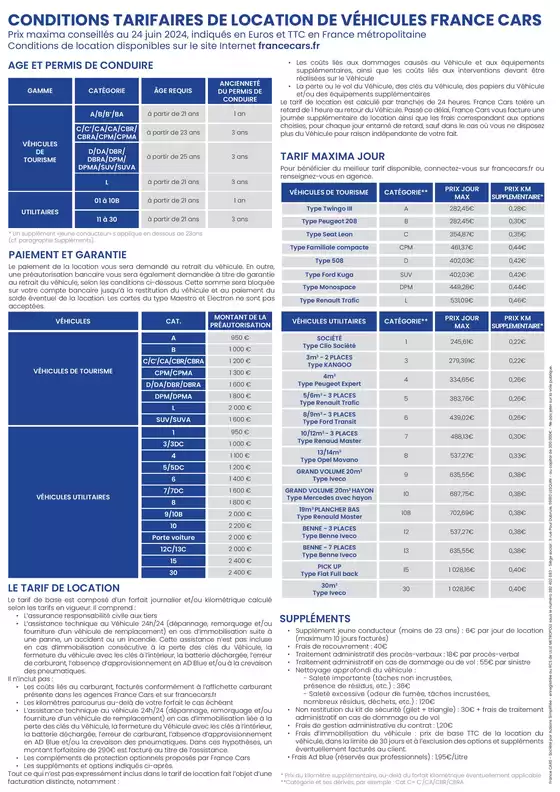 Catalogue France Cars | CONDITIONS TARIFAIRES DE LOCATION DE VÉHICULES FRANCE CARS | 14/10/2024 - 31/12/2024