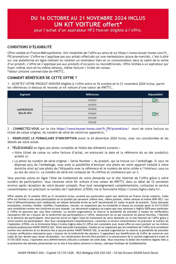 Catalogue Boulanger à Nantes | OFFRE Hoover: 1 kit voiture d'une valeur de 49€ offert | 16/10/2024 - 21/11/2024