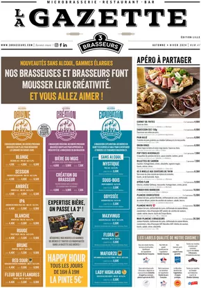 Promos de Restaurants à Lille | Automne - Hiver 2024 Gazette Lille sur Les 3 brasseurs | 17/10/2024 - 20/03/2025