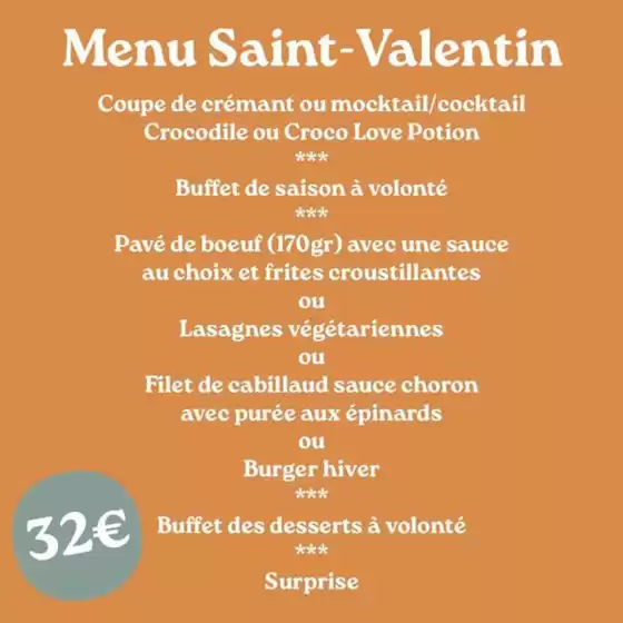 Catalogue Crocodile à Lille | menu spécial pour la Saint Valentin | 14/02/2025 - 16/02/2025