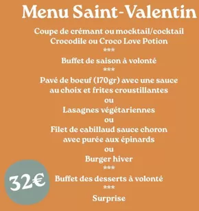 Promos de Restaurants à Dainville | menu spécial pour la Saint Valentin sur Crocodile | 14/02/2025 - 16/02/2025