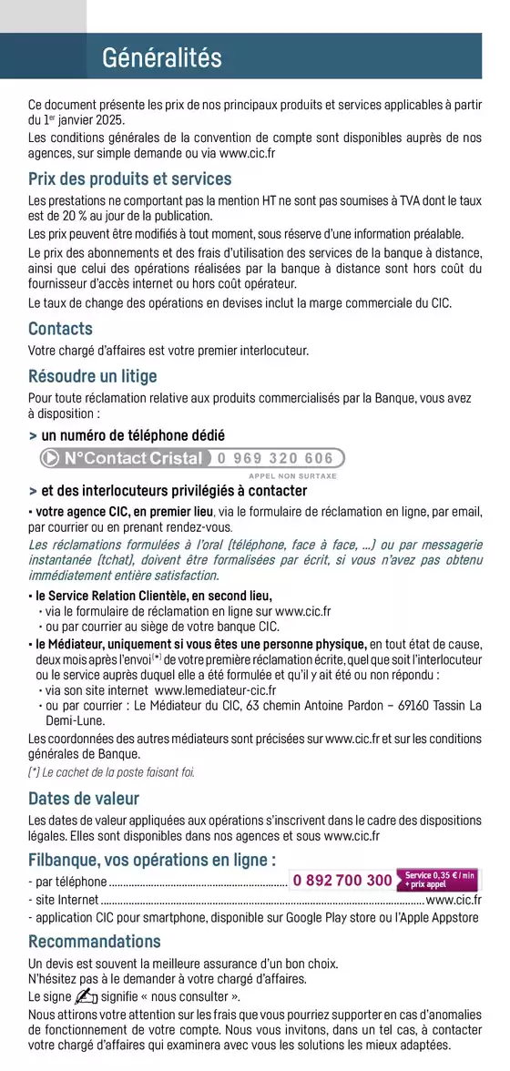 Catalogue CIC à Sartrouville | Recueil des prix des principaux produits et services aux Professionnels et Associations | 21/02/2025 - 30/06/2025