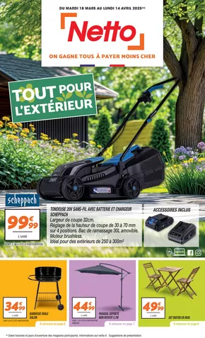 Promos de Discount Alimentaire à Villefontaine | SEMAINE PROCHAINE : TOUT POUR L'EXTÉRIEUR sur Netto | 18/03/2025 - 14/04/2025