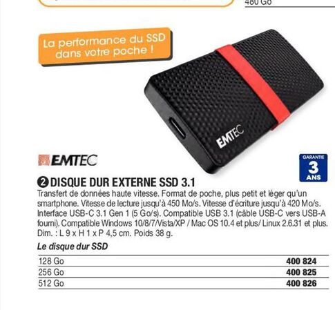 Disque externe SSD Emtec X200 256 Go sur