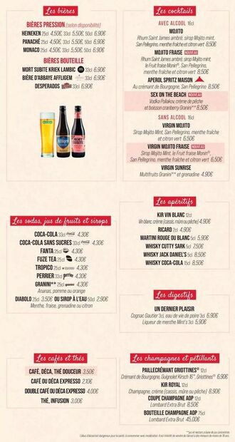 Les bières  BIÈRES PRESSION (selon disponibilité] HEINEKEN 25cl 4,506, 33d 5.50€, 50cl 6.90€ PANACHE 25cl 4,50€, 33cl 5,50€, 50d 6.90€ MONACO 25cl 4,50€, 33cl 5,50€, 50d 6,90€  BIÈRES BOUTEILLE  MORT 