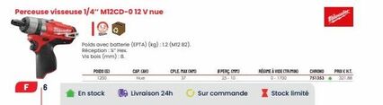 F 6  POIDS (6) 1200  En stock  CAP.(AH) Nue  Poids avec batterie (EPTA) (kg): 12 (M12 B2).  Réception : " Hex. Vis bois (mm):8.  Livraison 24h  CPLE. MAX (NM)  8 PERÇ. (MM) 25-10  Sur commande  Stock  offre sur Au Forum du Bâtiment