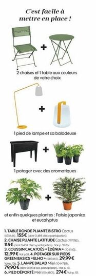 C'est facile à mettre en place!  2 chaises et 1 table aux couleurs de votre choix  r  1 pied de lampe et sa baladeuse  1 potager avec des aromatiques  et enfin quelques plantes: Fatsia japonica et euc offre sur Truffaut