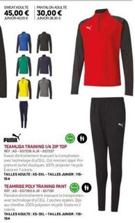sweat adidas teamliga training 1/4 zip top: adulte 45€ & junior 40€, junior 28€: évacue la transpiration!
