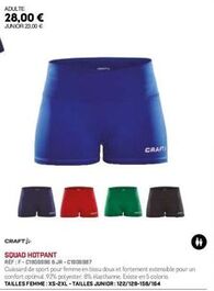 Cuissard de sport CRAFT SQUAD F-C1906980 pour femme: Promo 28,00 € (junior 23,00 €). Tissu doux et extensible, 92% poly.