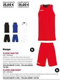 Kempa Player Tank Top : Maillot et Short AA 25 €, Junior 23 € - Matière Déperlante et Évacuation de l'Humidité