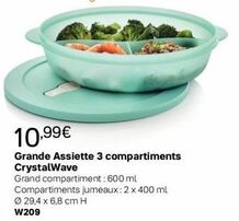 10,99€  Grande Assiette 3 compartiments Crystal Wave  Grand compartiment: 600 ml Compartiments jumeaux: 2 x 400 ml Ø 29,4 x 6,8 cm H  W209  offre sur Tupperware