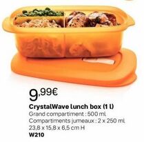 9,99€  CrystalWave lunch box (1 l)  Grand compartiment: 500 ml Compartiments jumeaux : 2 x 250 ml 23,8 x 15,8 x 6,5 cm H  W210  offre sur Tupperware