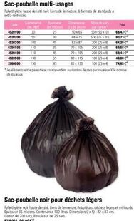 sac-poubelle multi-usages  polyéthylène basse densité noir liens de fermeture: 6 formats de standards à extra-renforcés  code  4520100  4520200  4520300  6356102  4520400  contenu (en litre)  30  50  